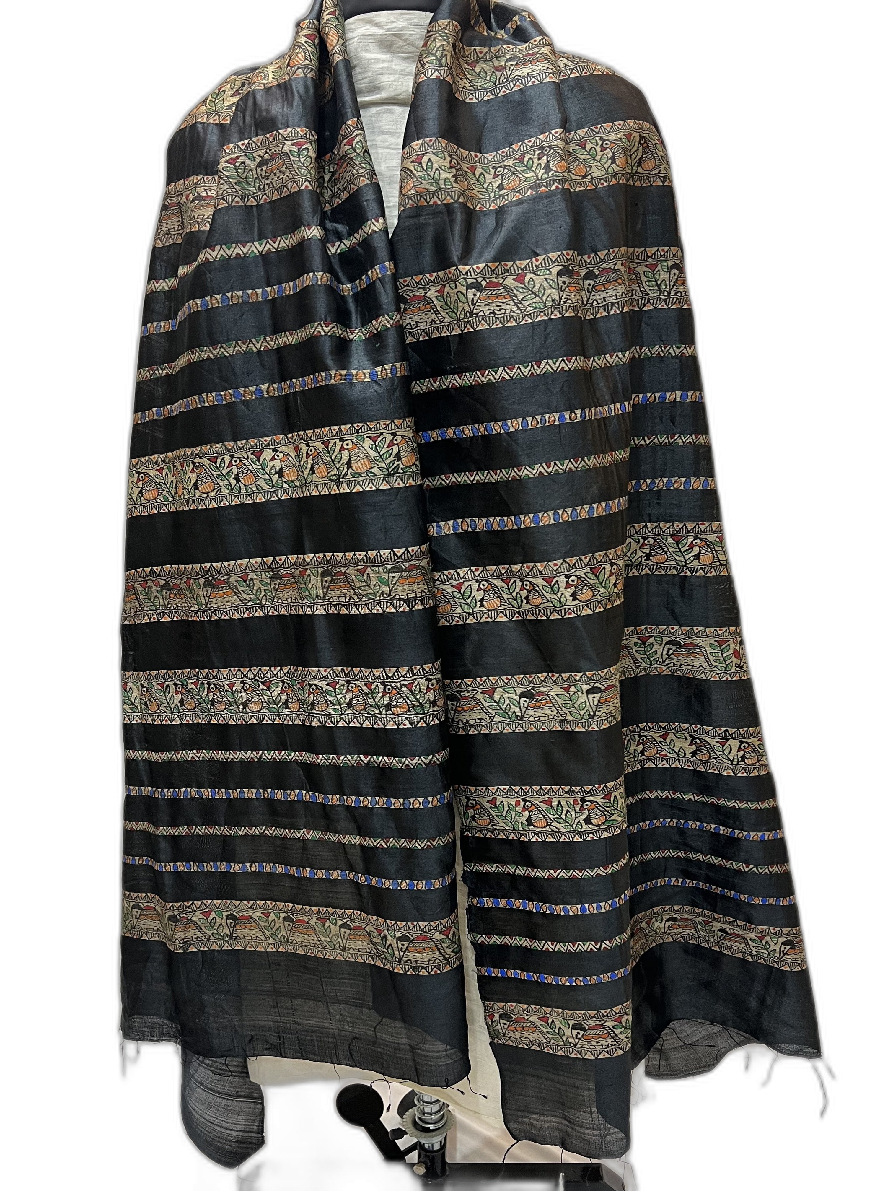 Hand-Painted Dupion Silk Black Dupatta with Ghicha Borders